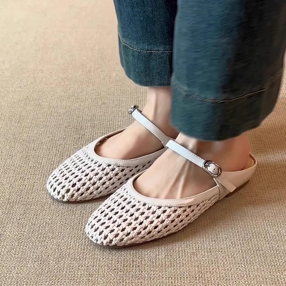 Sheepskin version~ retro handmade hollowed bag head half slippers women's 2025 summer outer wear breathable inner height increase cool slippers