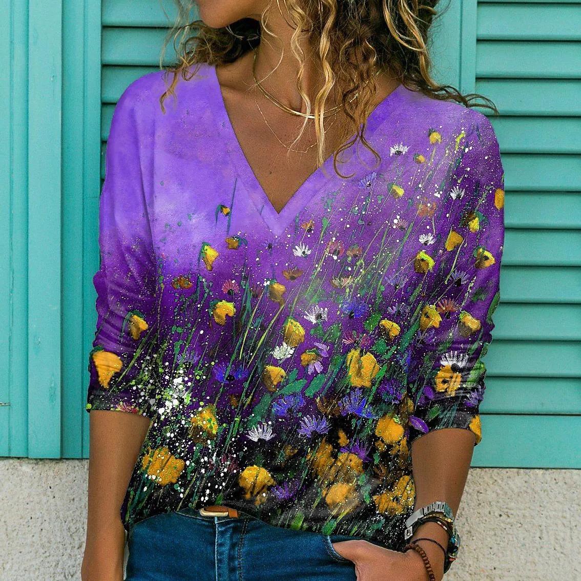 

Женские футболки с V-образным вырезом, с красочным цветочным узором, с 3D-принтом, с длинным рукавом - Мягкая полиэстеровая ткань средней эластичности, одежда для весны и осени, свободного кроя 5XL
