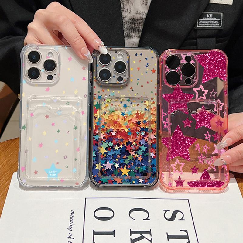 Colorful Rainbow Star Case For iPhone 18 Pro Max Clear Card Slot Back Cover For iPhone 17 16 15 14 13 Pro Max 17E