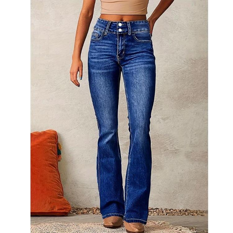 Vintage Stretch Flare Women Denim Jeans Casual Solid Trousers for Ladies