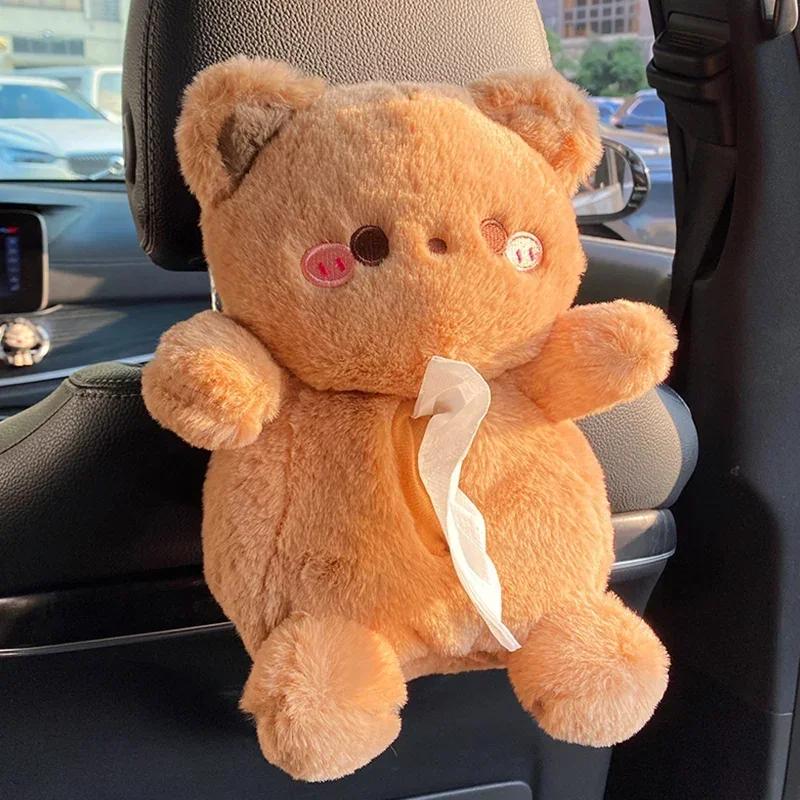 Car Tissue Boxes Plush Cute Cartoon Bear Rabbit Seat Back Hanging Drawer Cover Women's Car Creative Decorative Tissue Box