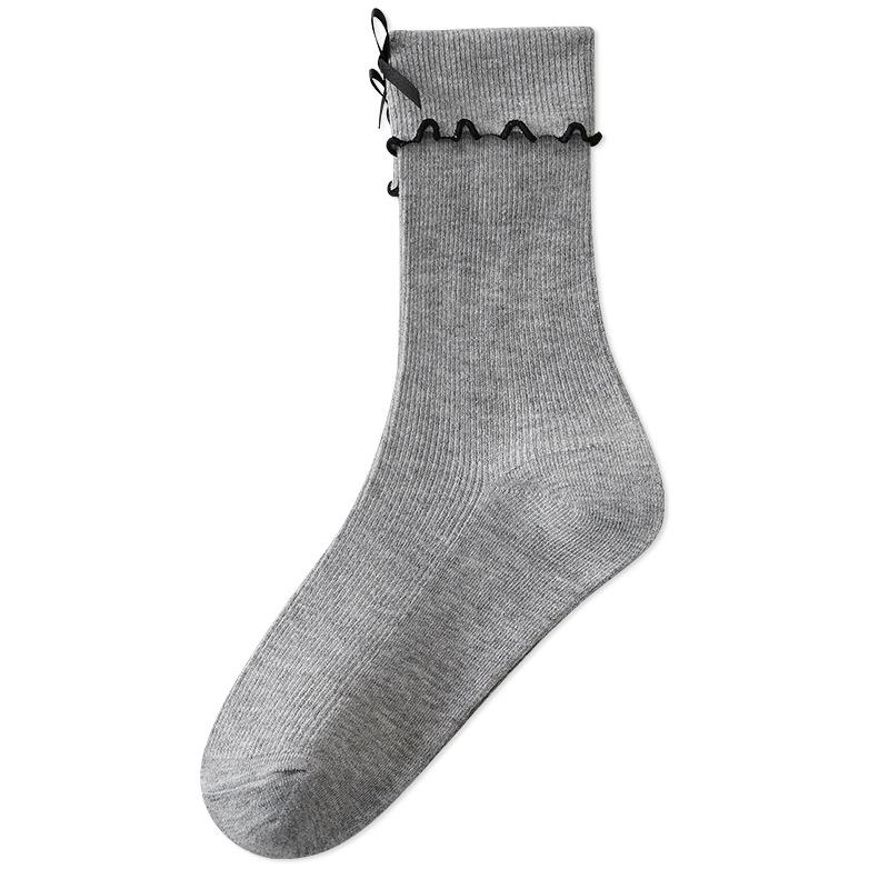 Women's Spring and Autumn Double-needle Bow with Loose Lace, Super Soft Pile Socks with Black Fungus Edge