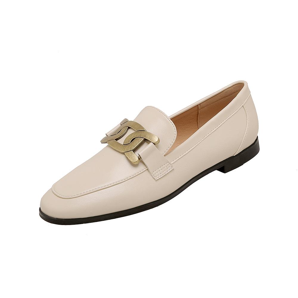 Mary Janes Casual Retro Pumps 2024 New Fashion Artificial Leather Summer Heel Flats Women's Shoes Metal Accessories Pointed Toe