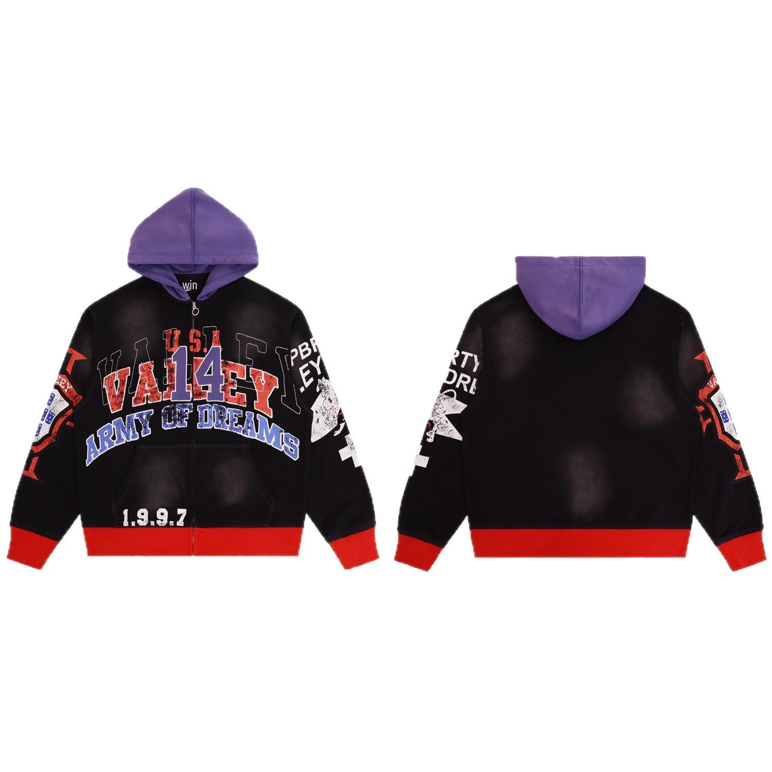 Vale Cross-Border New American Trendy Color-Block Hooded Zip-Up Distressed Jacket. Small