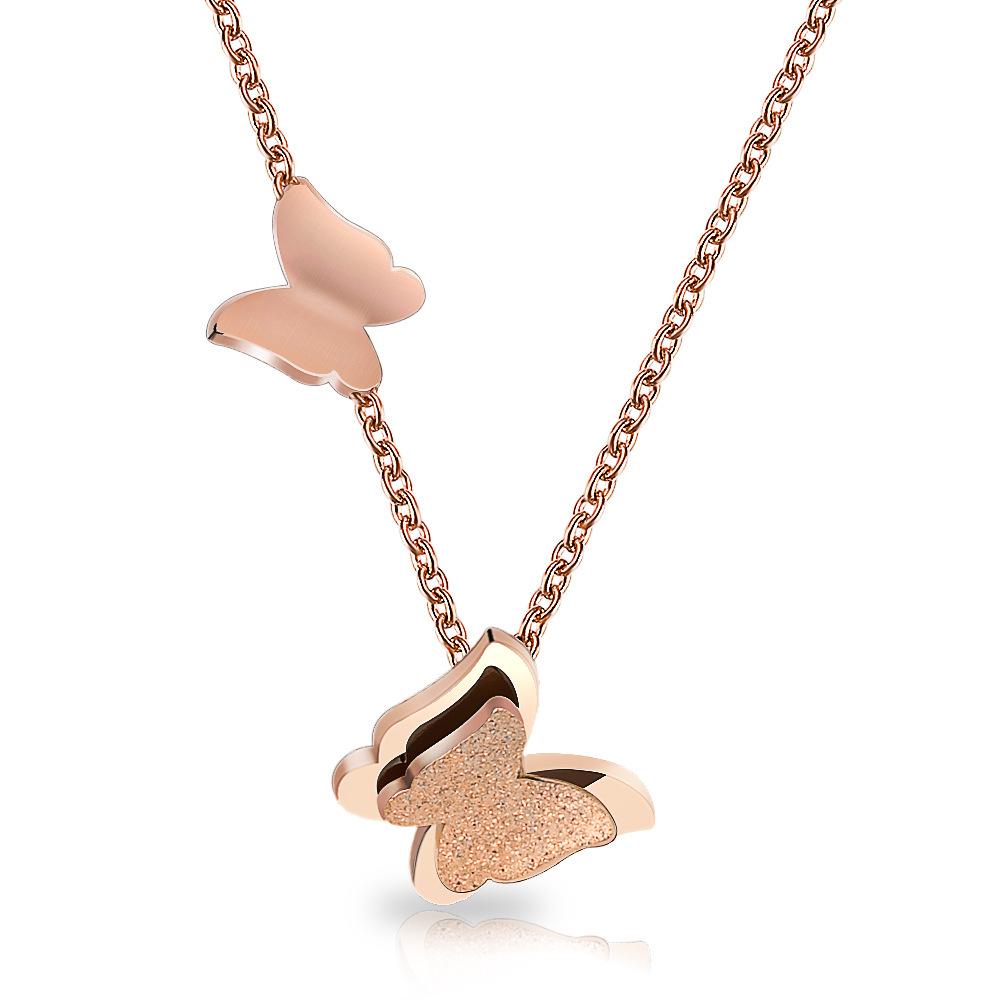Stainless Steel Double Layer Frosted Butterfly Necklace
