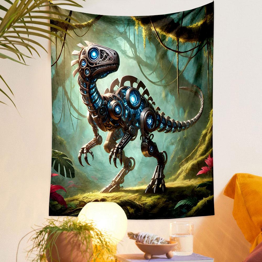 "Cybernetic Dinosaur In Jungle Scene" Patterned Tapestry Home Decor, Suitable for Bedroom and Living Room, Gift