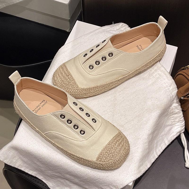 Aphixta Beige Espadrilles Splicing Flat With Shoes Metal Button Shallow Women Loafers Elastic Band Woman Casual Shoes