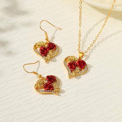 Love Rose Necklace Earrings Set Fashion Gold Plated Diamond Jewelry