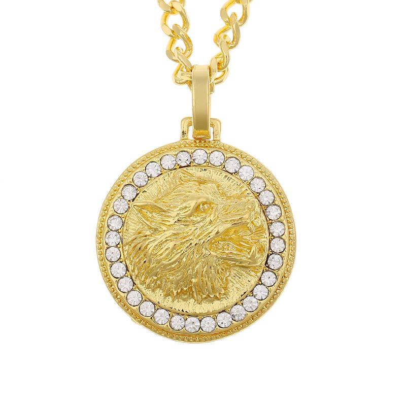 European and American Round Mens Fashionable and Personalized Wolf Head Pendant Necklace Hip Hop Necklace