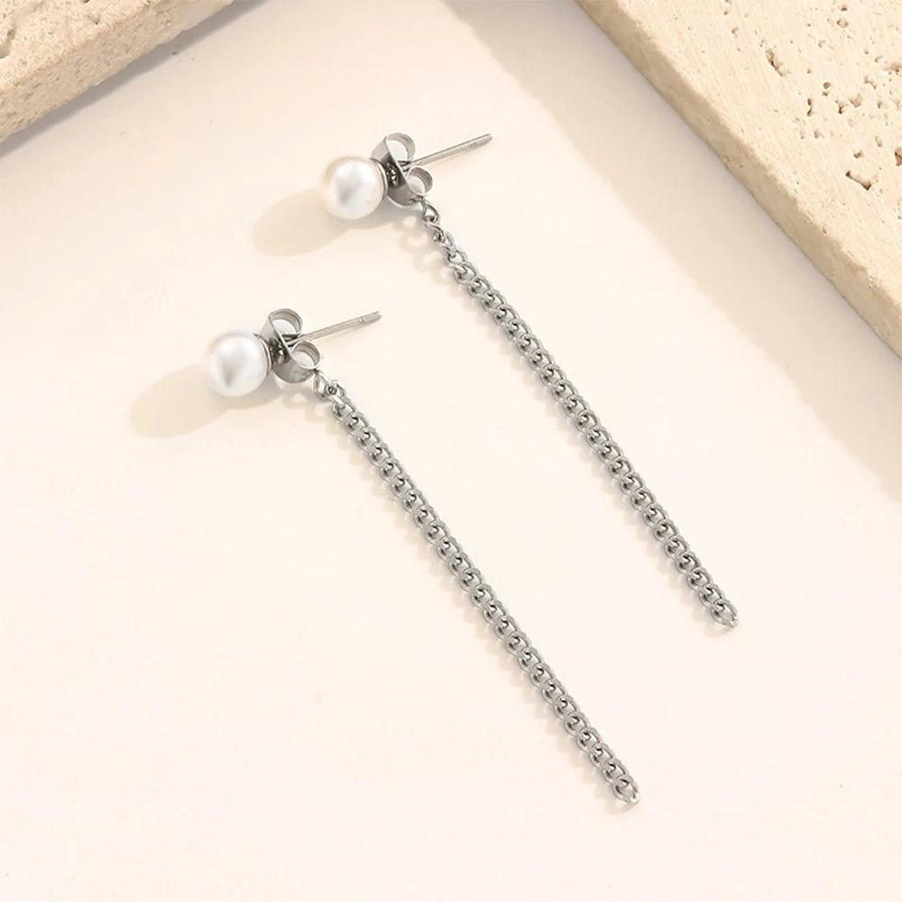 EManco Imitation Pearl Pendant Earrings Stainless Steel Cuban Chain Tassel Women's Engagement Office/Career Minimalist Jewelry