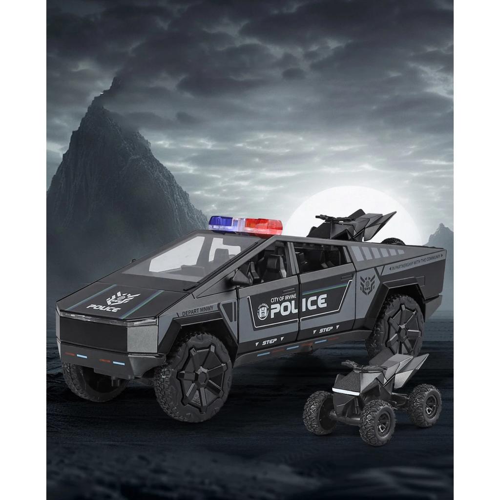 1/24 Tesla Police Cybertruck Off Road Alloy Metal Diecast Model Car Outdoor Collections Classic Trendy Toy Decorations Valentine Kids