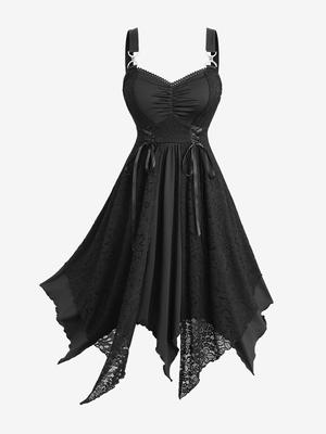 Rosegal Plus Size Floral Lace Panel Lace-up Ruched Layered Handkerchief Asymmetric Dress
