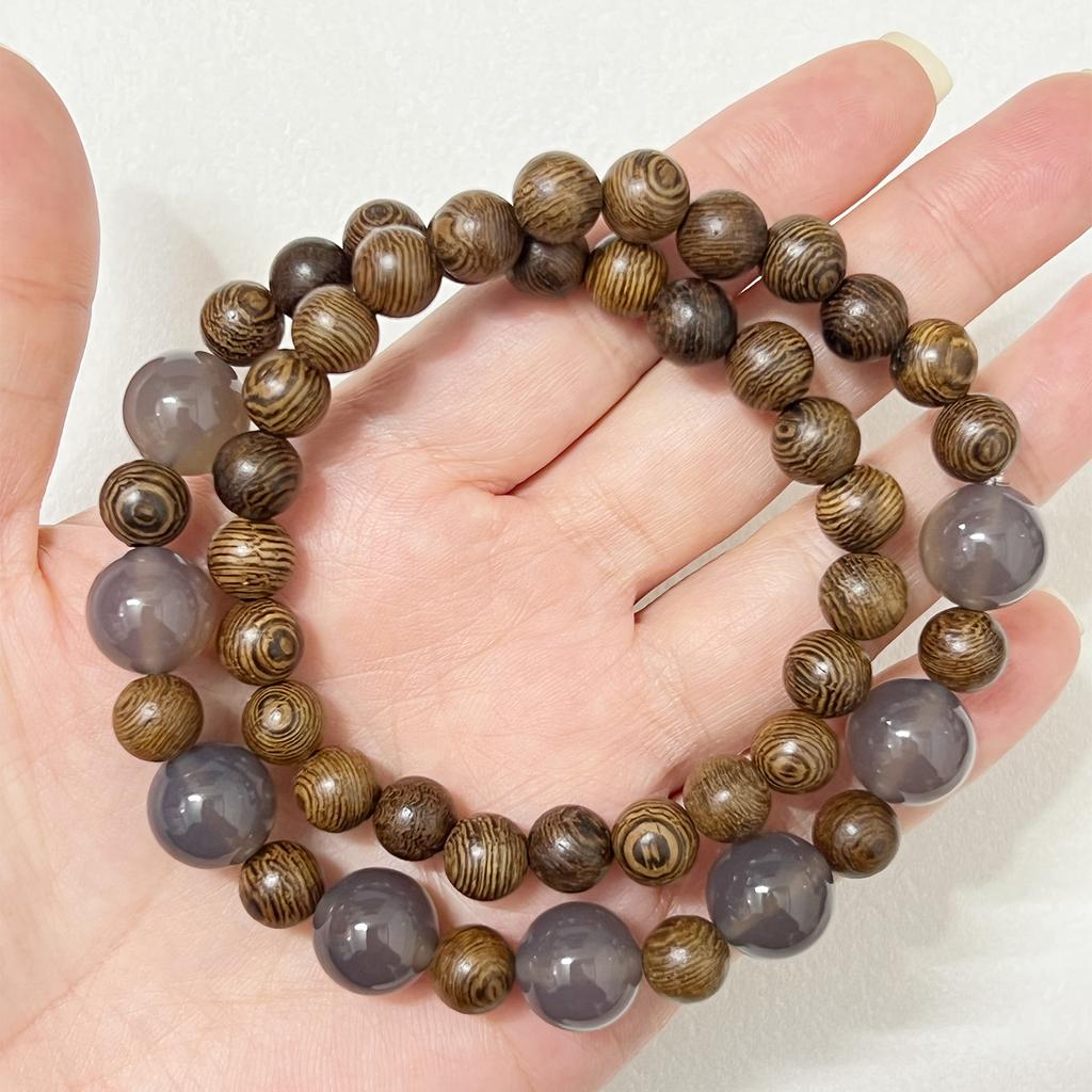 Double Layered Wooden Bracelet with Natural Agate Stone for Men 8mm Round Beads Bangle Multilayered Wristbands