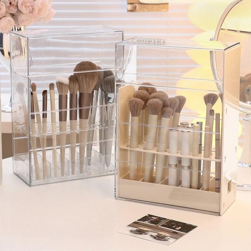 Makeup Brush Storage Box Lipstick Holder Divided Eyebrow Pencil Storage Rack Big Capacity Dustproof Dressing Table Brush Holder