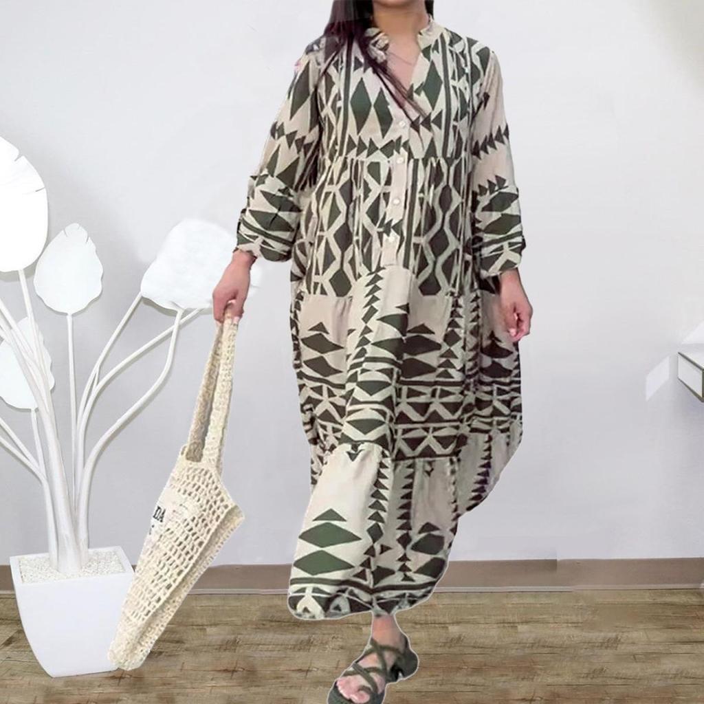 Women's Long Sleeve V Neck Bohemian Print Loose Plus Size Long Dress