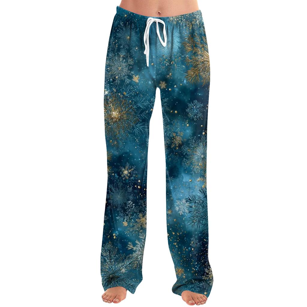 Ladies' Loose And Casual Christmas Printed Wide Leg Pants With Elastic Waistband Drawstring And Pocket Pants