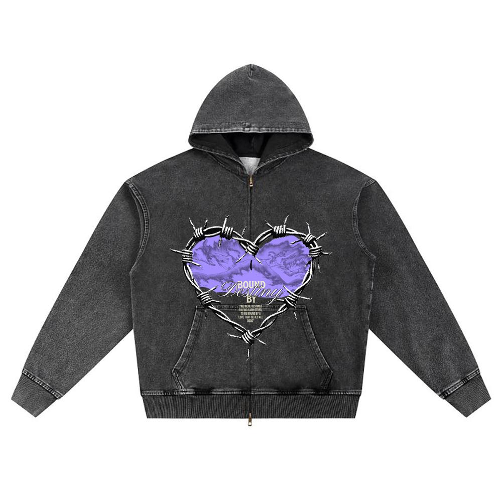 

DTG print Knitted Denim Zip-Up Hoodie Love Graphic Brother Print Zipper Hoodies S