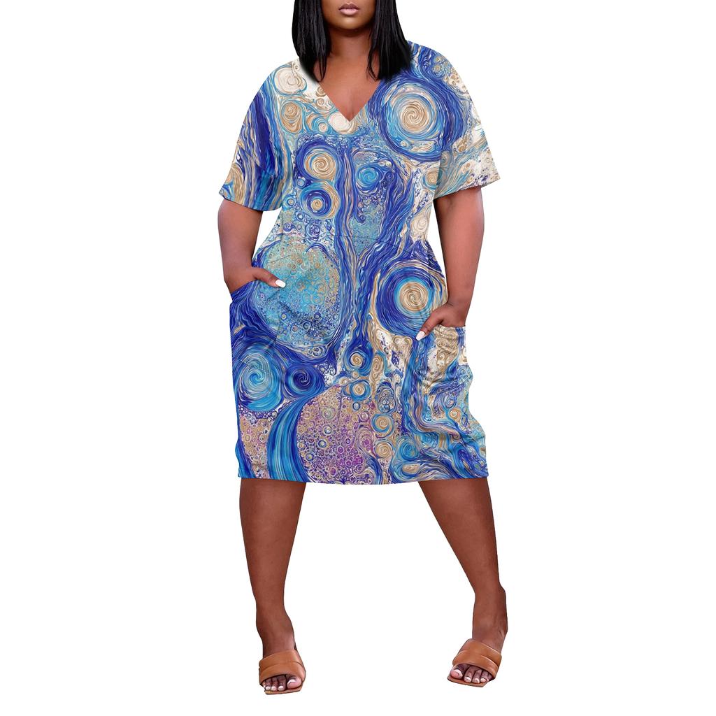 Letní nadměrné velikosti V výstřih krátký rukáv ke kolenům kapsa potisk ležérní šaty pro ženy