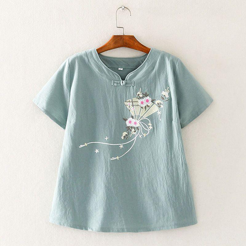 

Женская летняя хлопково-льняная футболка с V-образным вырезом, застежкой на пуговицу-лягушку и вышивкой 3XL небесно-голубой