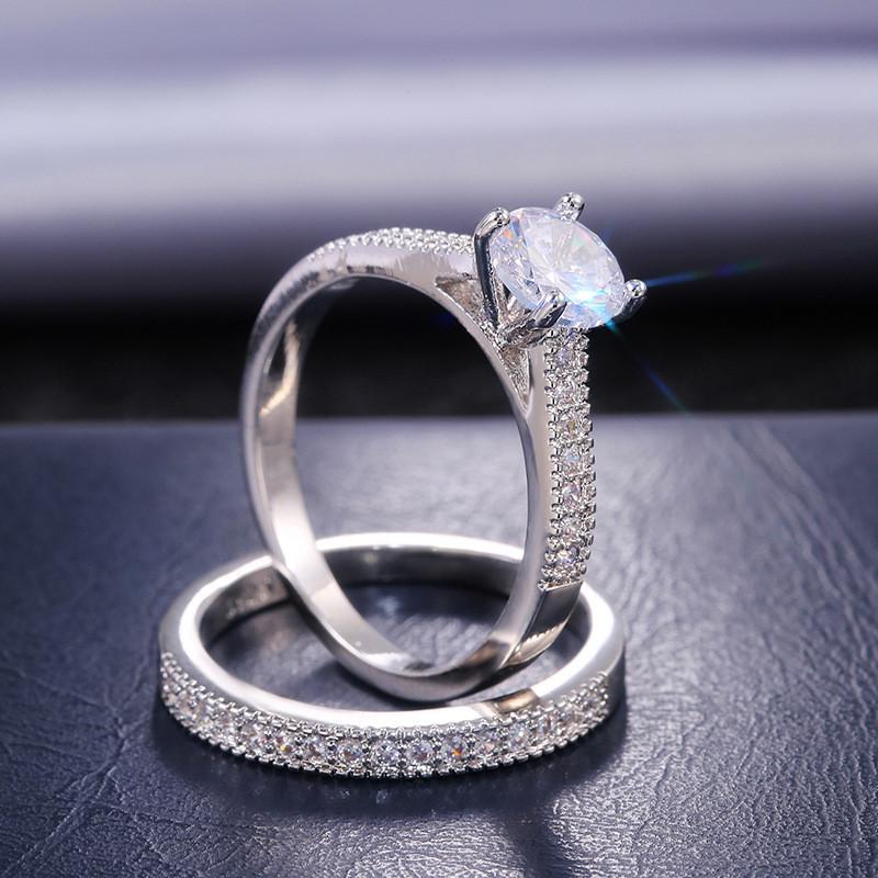 CopperFour Claws Round Ring for Women 2 pcs/set AAA Cubci Zirconia Wedding Rings Set Engagement Jewelry