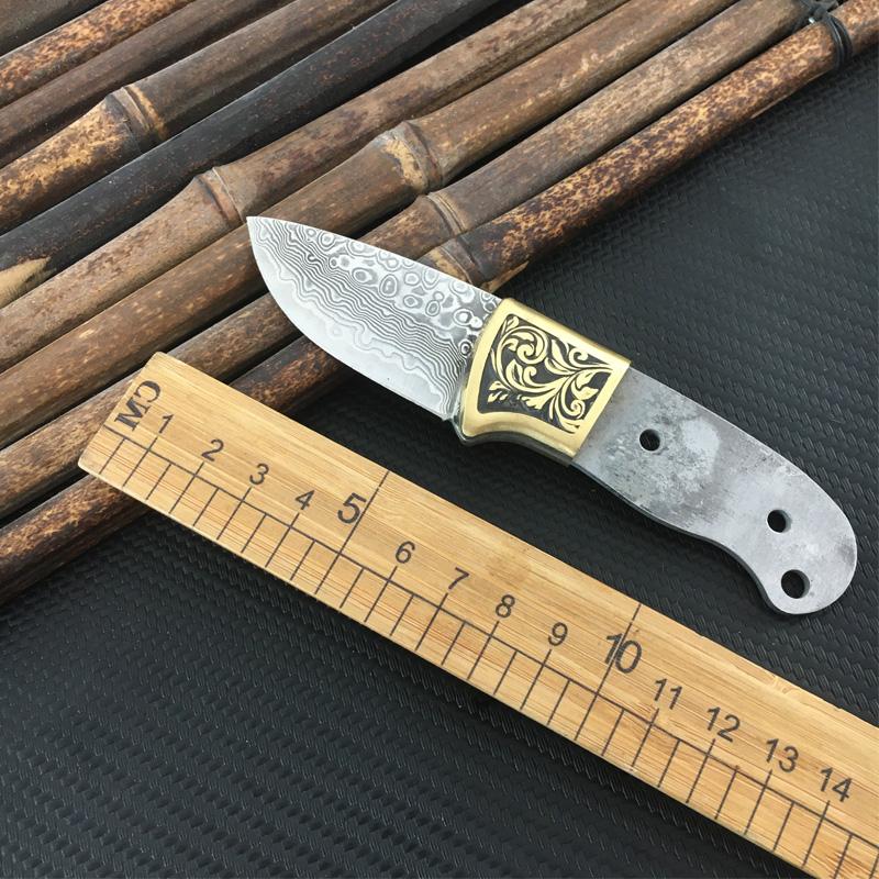 DIY Semi-finished VG10 Damascus Steel Fixed Blade Knife Billets - Edged Blade with Copper Umbrella Hole