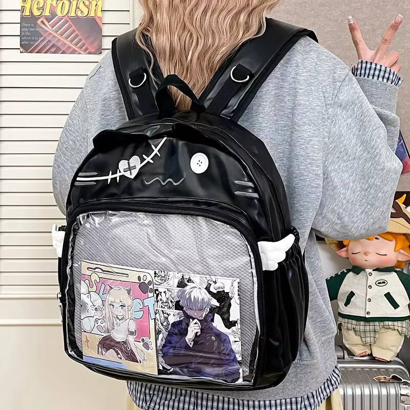 Y2K Emoji Cat Ita Backpack Cute Girls Transparent Rucksack Large Capacity Student DIY Display School Bag Fashion Travel Knapsack