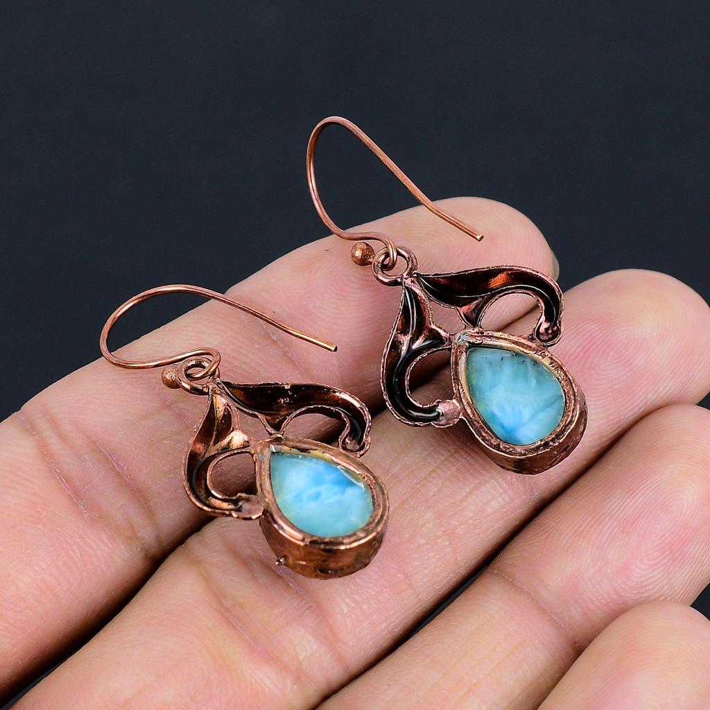 Larimar Earrings, Copper Electroformed Jewelry, Gemstone Earrings, Gift For Her Handmade Dainty Jewelry