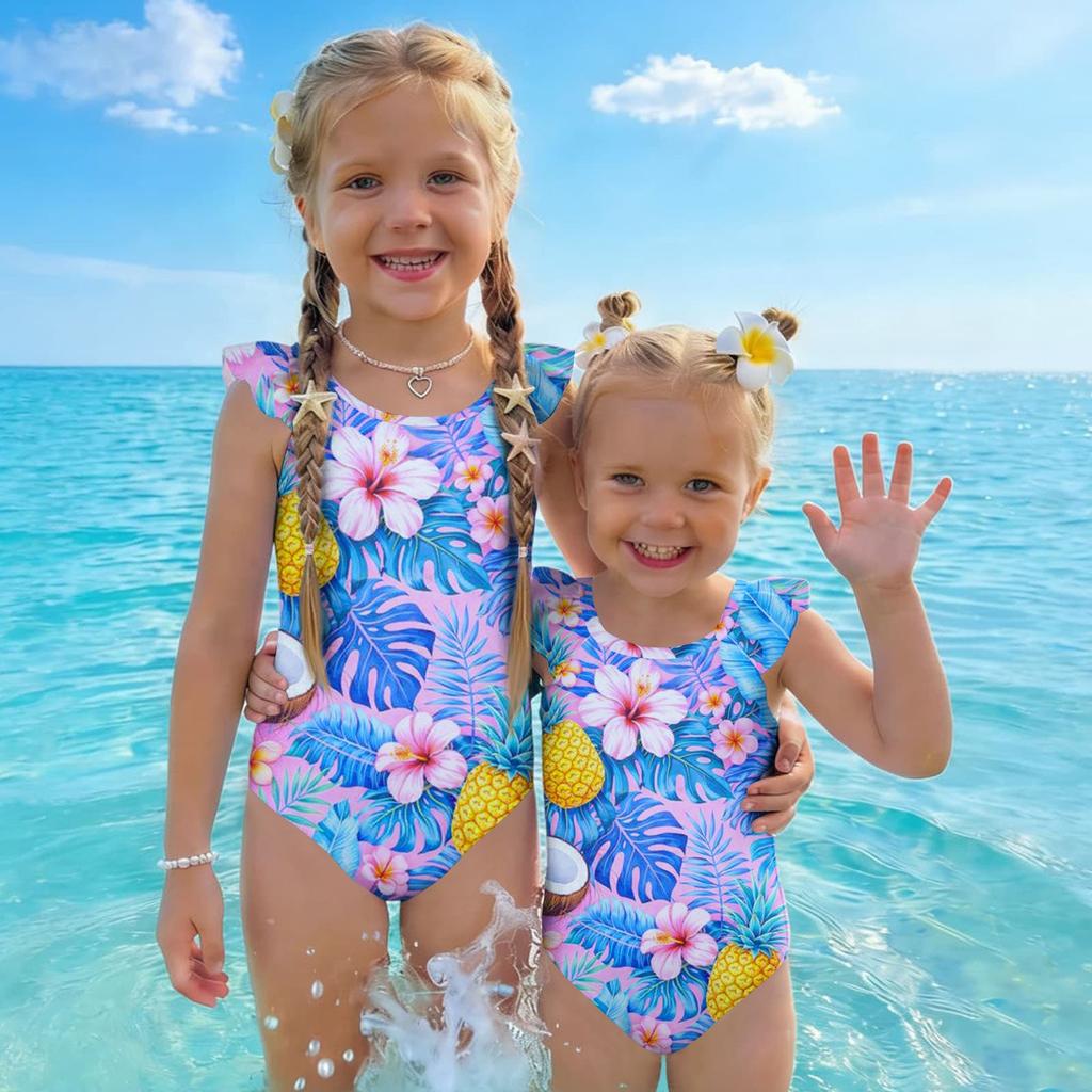 Girls One Piece Swimsuit Hawaiian Print Sleeveless Ruffle Shoulder Swimwear Kids Beachwear Bathing Suit for Summer Pool Water Activities
