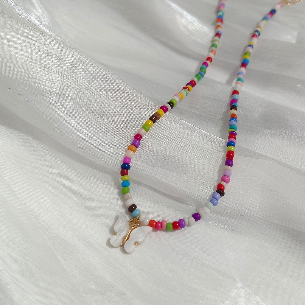 European Retro Bohemian Multi-Color Beaded Necklace with Butterfly Pendant