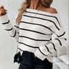 European and American autumn and winter sweaters women's fashion and sexy striped one-word collar shoulder-down knitted top