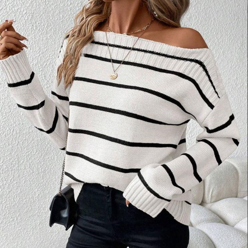 European and American autumn and winter sweaters women's fashion and sexy striped one-word collar shoulder-down knitted top