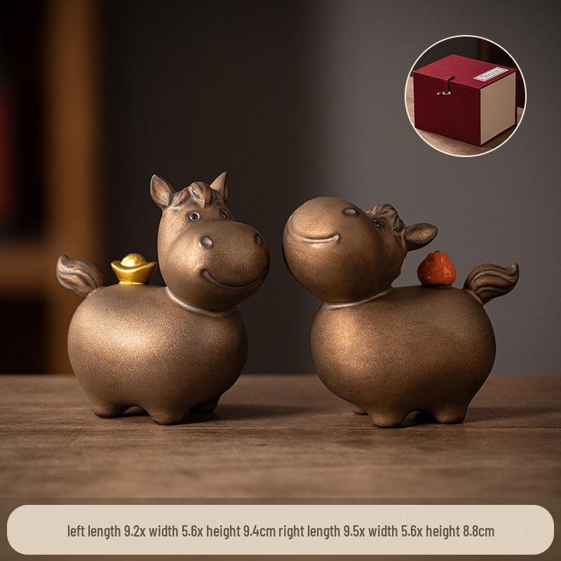 Coppia di Figure di Cavallo in Ceramica Rossa Tang - Mascotte Anno Zodiacale Arredo Tavolo