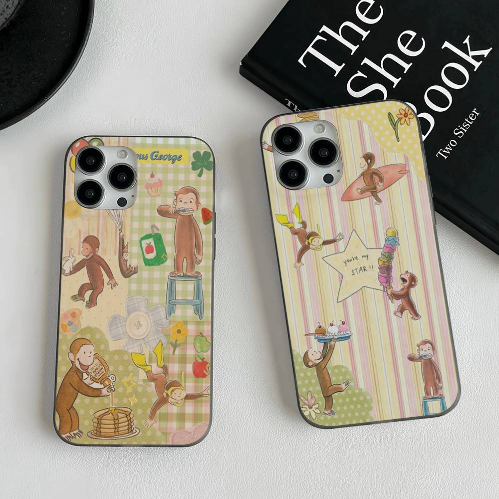 Lovely Cartoon C-Curious Georges Corrugated Stripe Phone Case For iPhone 17 16 15 14 13 12 11 Pro Max Plus Pro Shockproof Cover