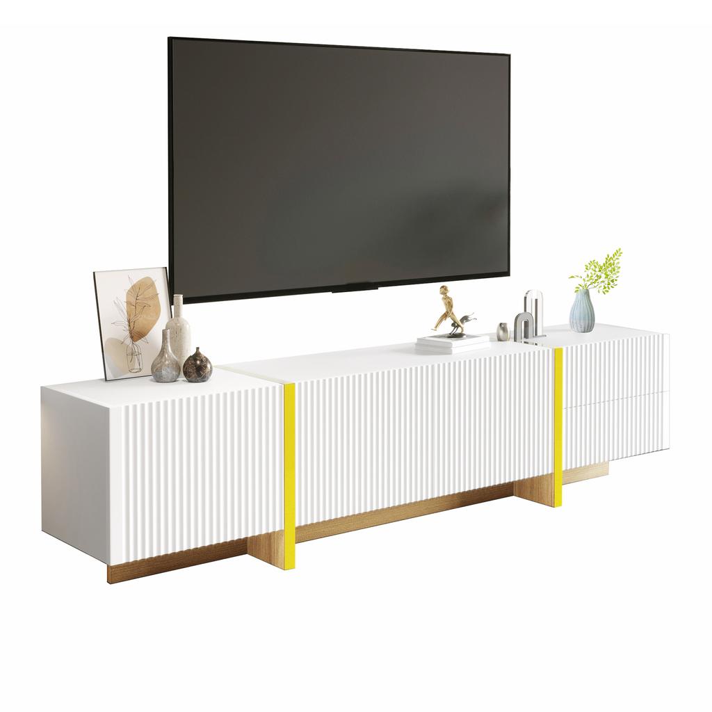 190 cm TV Cabinet, 3 Doors, 2 Drawers, White with Gold and Wood Grain