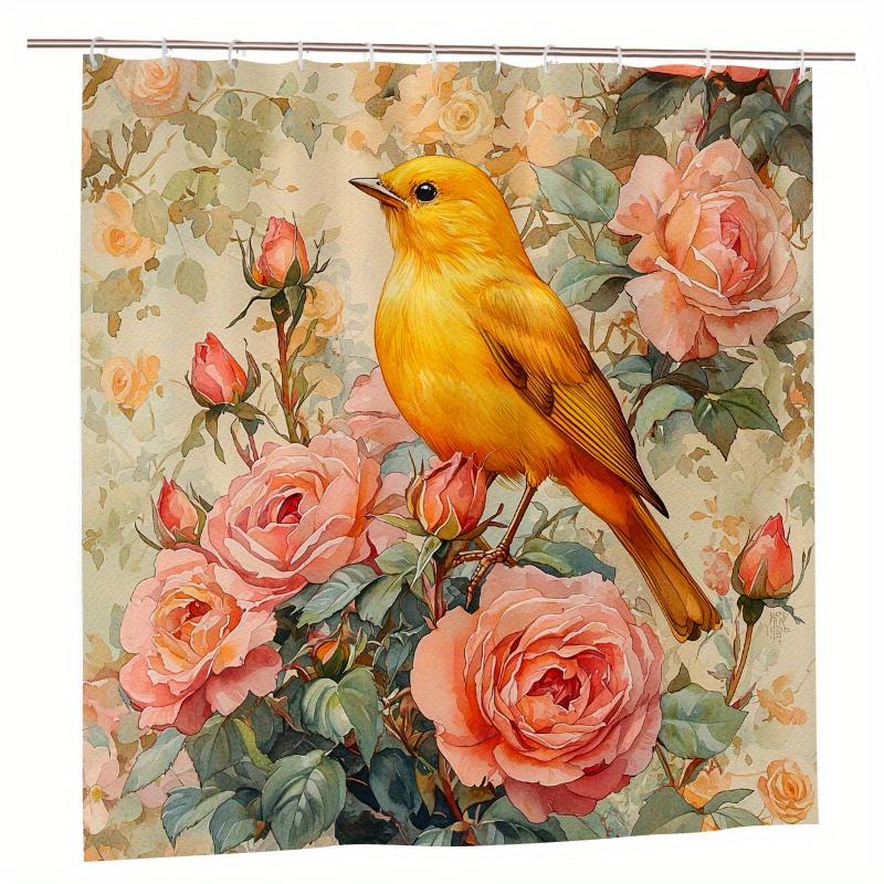 Blumen-Vogel-Duschvorhang - Lebendiger Gelber Vogel & Rosa Rosen, 71x71 Zoll Polyester, Handwäsche, Stilvolle Sommer-Badezimmerdekoration