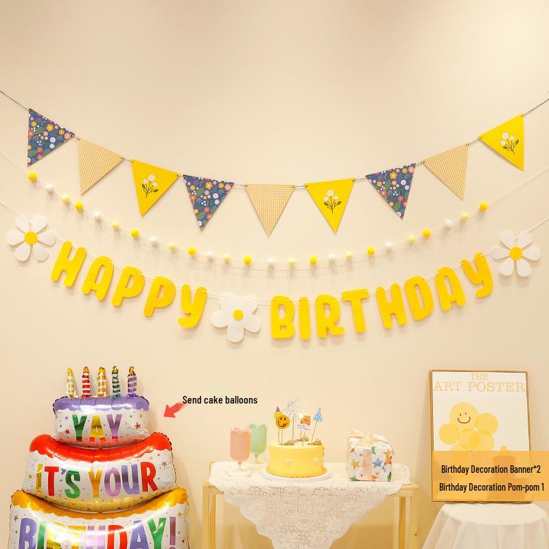 First Birthday Party Hanging Decoration: Happy Birthday Banner with Pom Poms and Bunting for Kids.