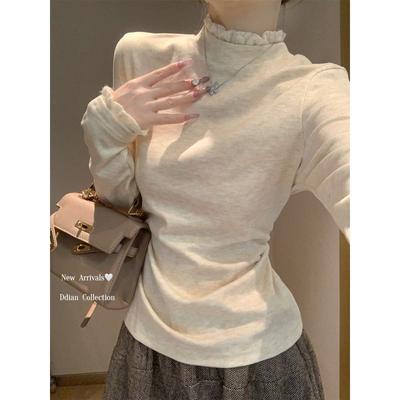 Haut de base en cachemire double face à col semi-montant et dentelle pour femme, T-shirt à manches longues bordure champignon printemps pureté désir