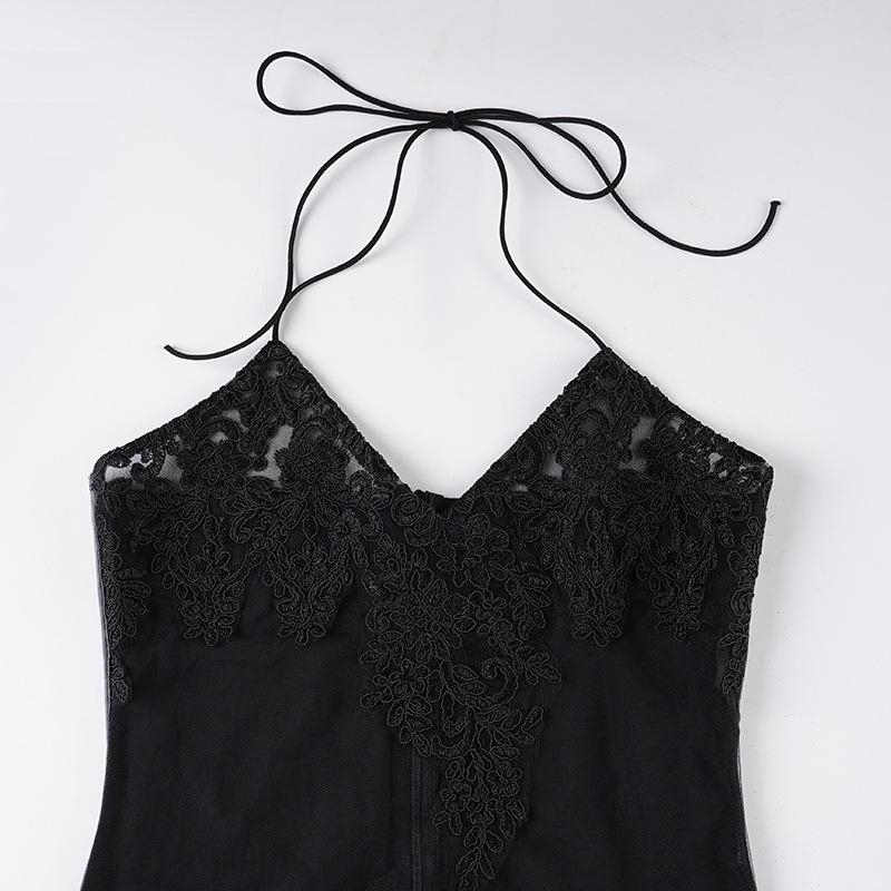 Sexy Lace Patchwork Spaghetti Strap Halter Dress - European & American Style, Slimming, See-through, Pure Color, Short Party Dress.