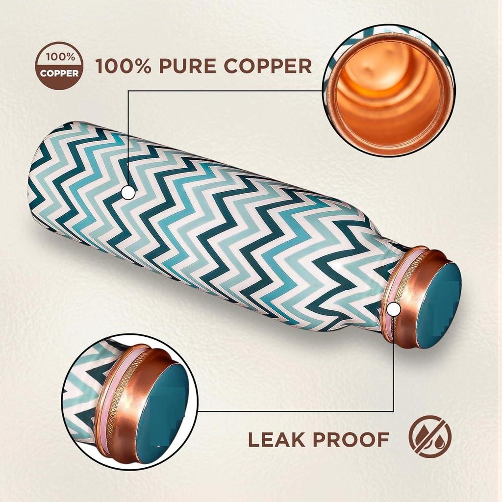 Pure Copper Water Bottle 1 Litre Alkaline and Anti Oxidant 100% Leak Proof, Office ,Modern Tamba Bottle(Chevron, Teal Blue)