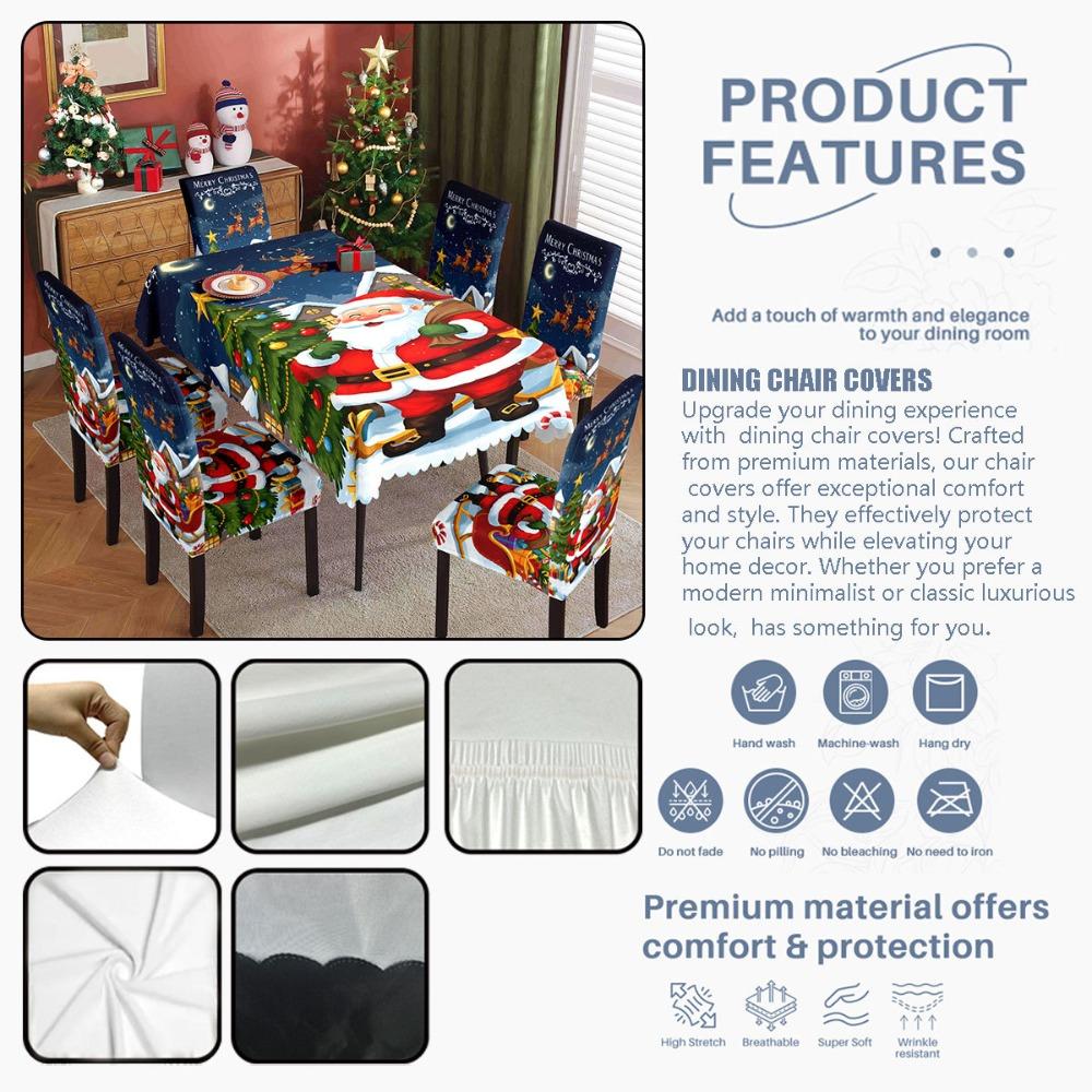 Christmas Santa Print Waterproof Polyester Tablecloth and Chair Covers Set for Dining Room