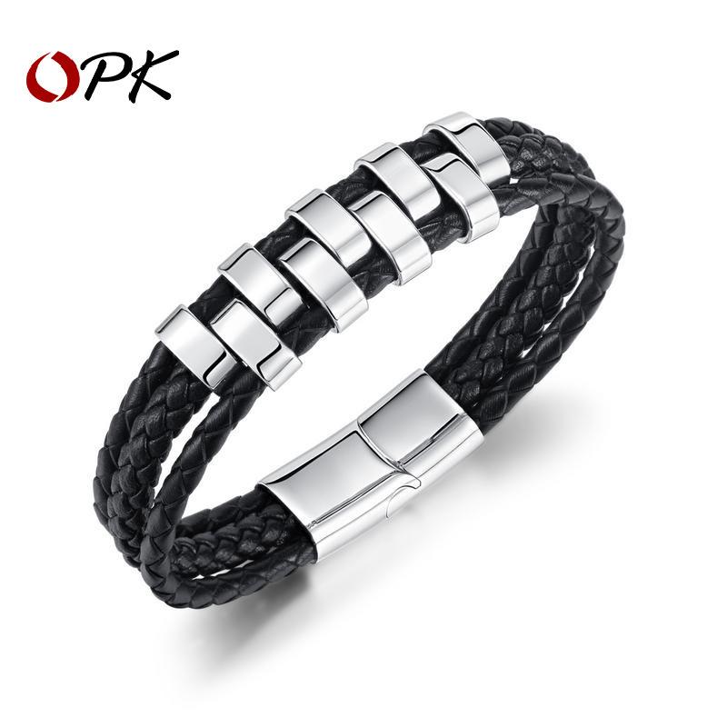 Opk Jewelry Personalized Punk Style Stainless Steel Magnetic Buckle Bracelet Multi-Layer Woven Leather Bracelet Men