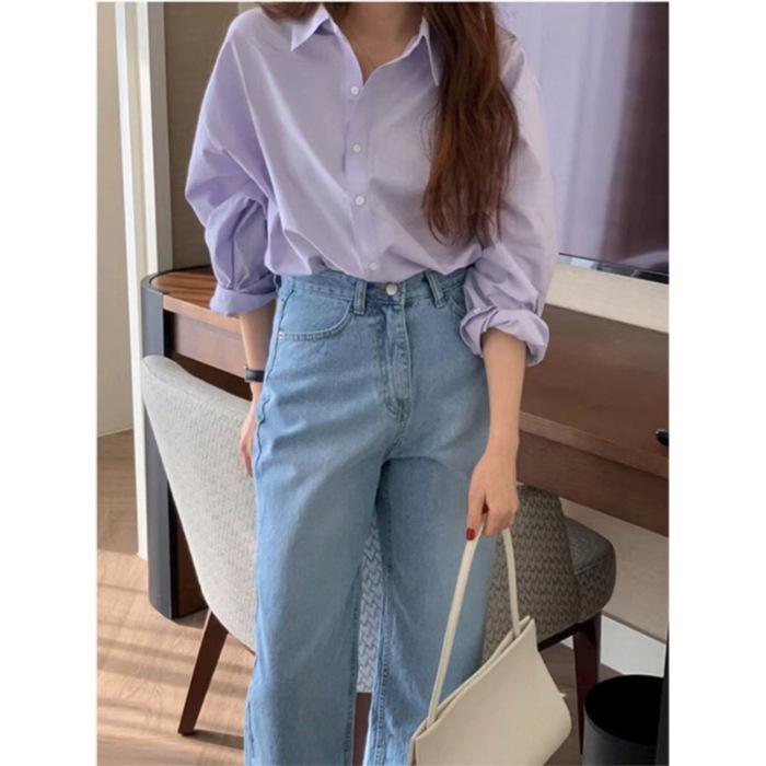 

Женская рубашка с длинным рукавом из чистого хлопка в корейском стиле, цвета таро, маленькая, свободная, повседневная для осени и весны M