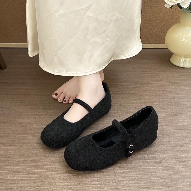 Retro Flat-bottomed Woolen Round Head One-word Buckle Single Shoes for Women's 2025 Autumn and Winter New Plush Flat-bottomed Mary Jane Mao Shoes