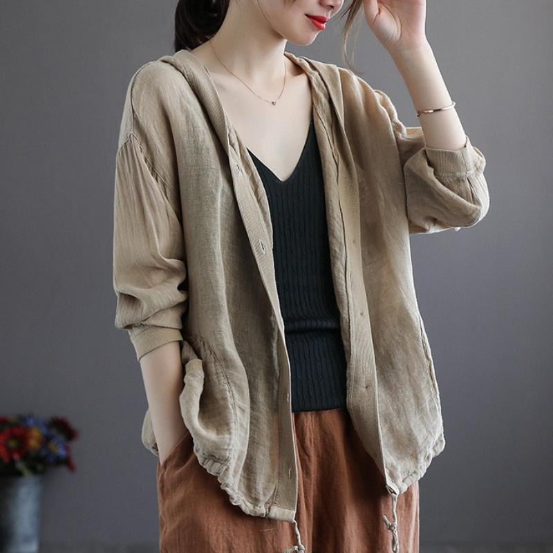 Cotton and Linen Cardigan Women's Summer Loose Hooded Long-sleeved Top Thin Short Jacket