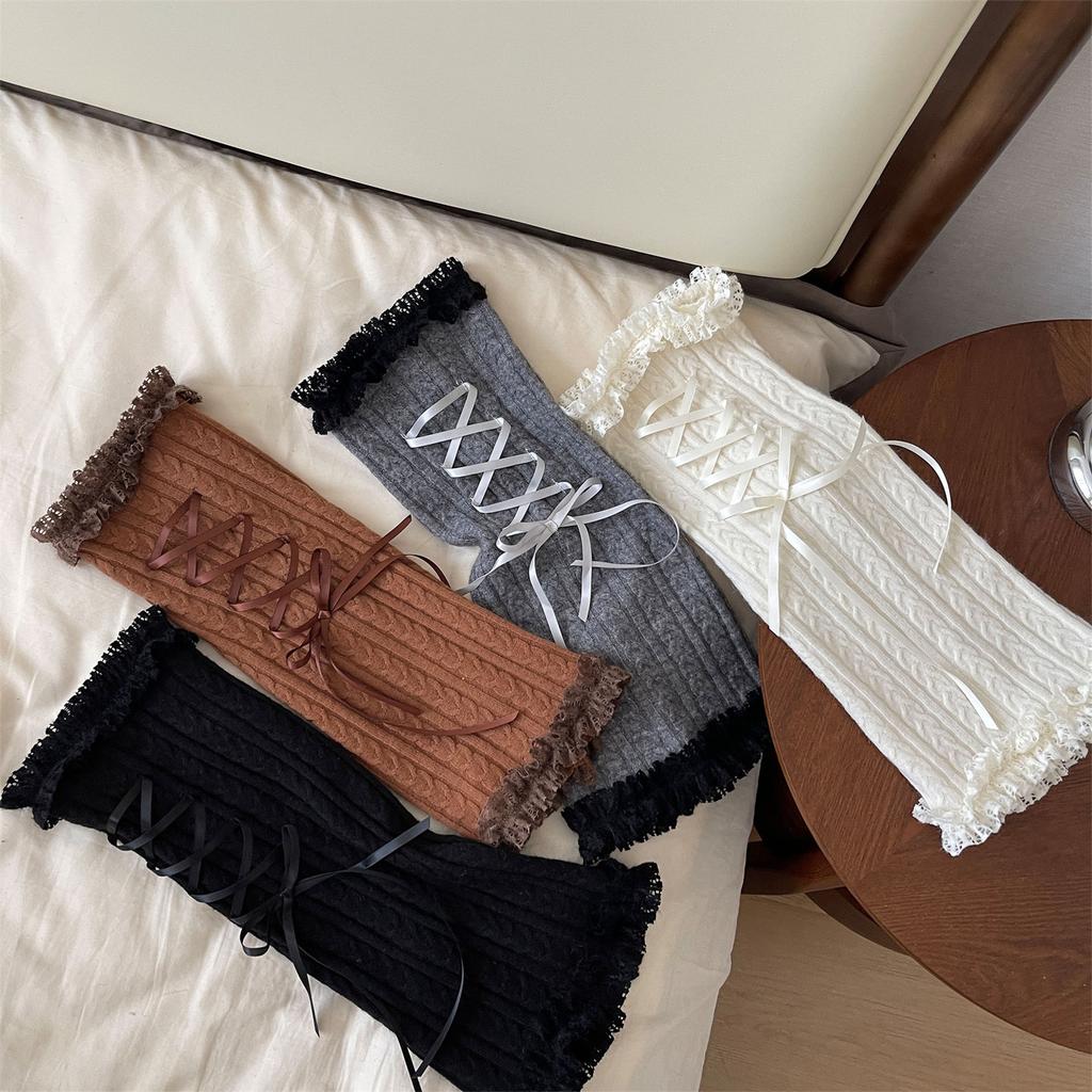 Winter Warm Knitted Leg Warmers Women Lolitas Harajuku Leg Covers Bowknot Flared Ruffle Trim Knee Highs Socks Leg Sleeves