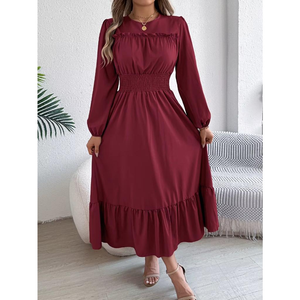 Autumn and Winter Casual Elegant Solid Color Round Neck Long Sleeved Waist Cinched Lotus Leaf Edge Dress Women Clothing