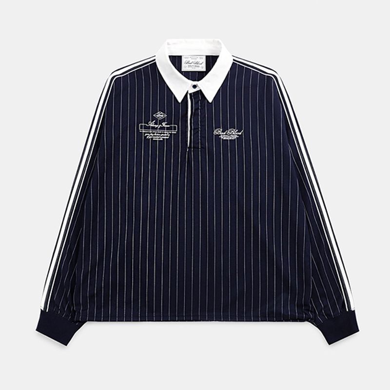 

South korea Badblood American vintage Stripe Shirts Women Polo Lapel Preppy Long sleeve Shirt Outerwear Top Tibetan Blue L