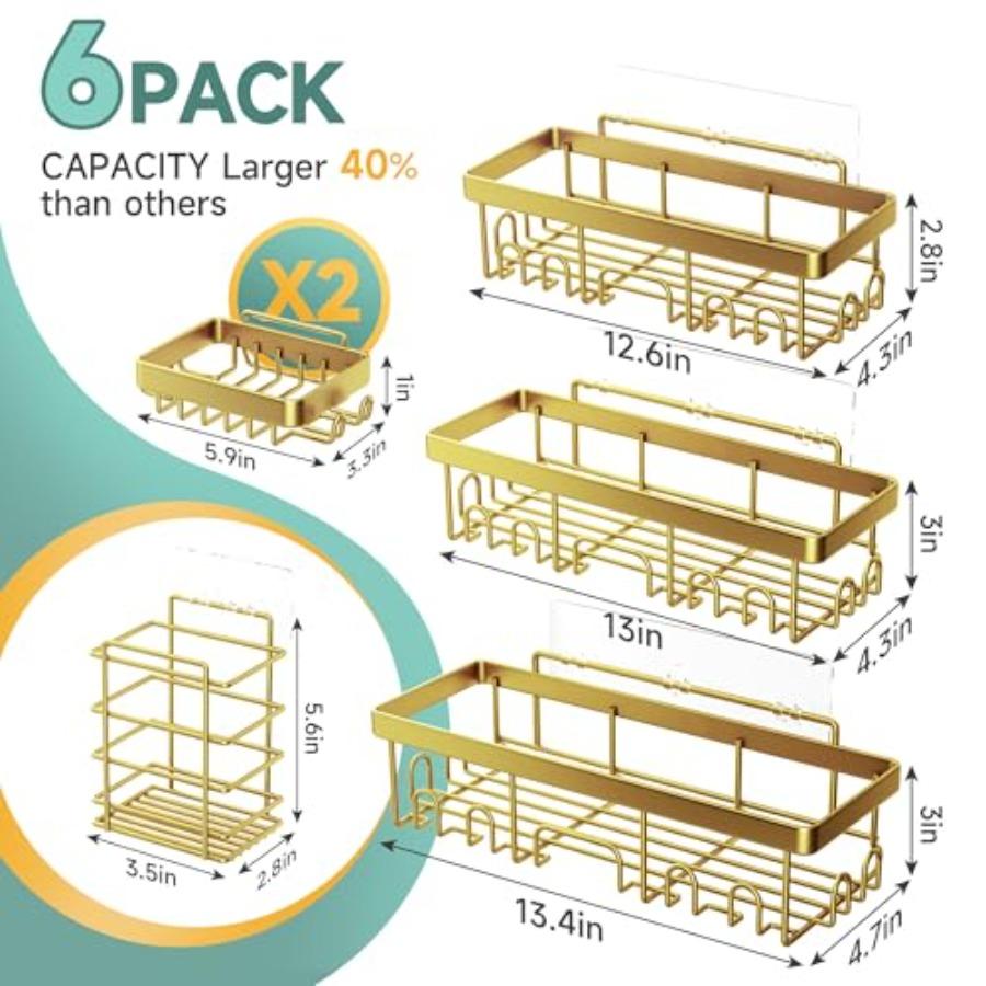 Adhesive Shower Caddy 6-PackGifts for Women Mom Heavy Weight Bearing Large Wall Mounted Bathroom Shelves Rack Organizer Storage