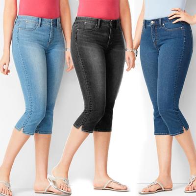 Damen-Jeans, schwarze Denim-Hosen, verkürzte Damen-Hose, schmale, knielange Jeans, elastische Mom-Jeans mit hoher Taille, Übergröße