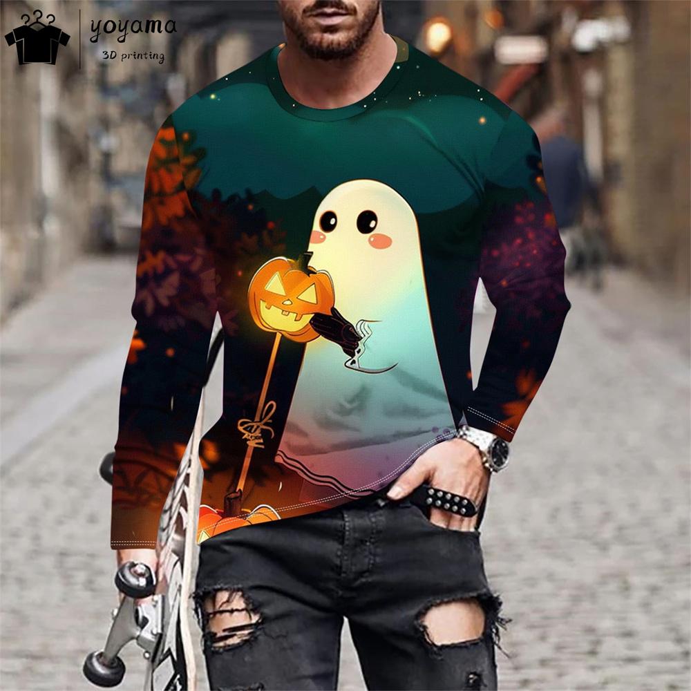Halloween-Druck Herrenbekleidung Herren Langarm-T-Shirt Mode T-Shirt Herren Einfache T-Shirts für Herren Halloween Grafik T-Shirts